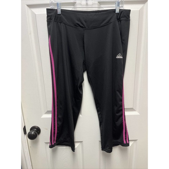 Adidas Women’s Black Leggings size  Large 3 Pink Stripe - Picture 1 of 4